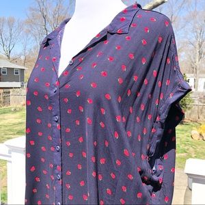 Strawberry Button Up High Low Short Sleeve Tee